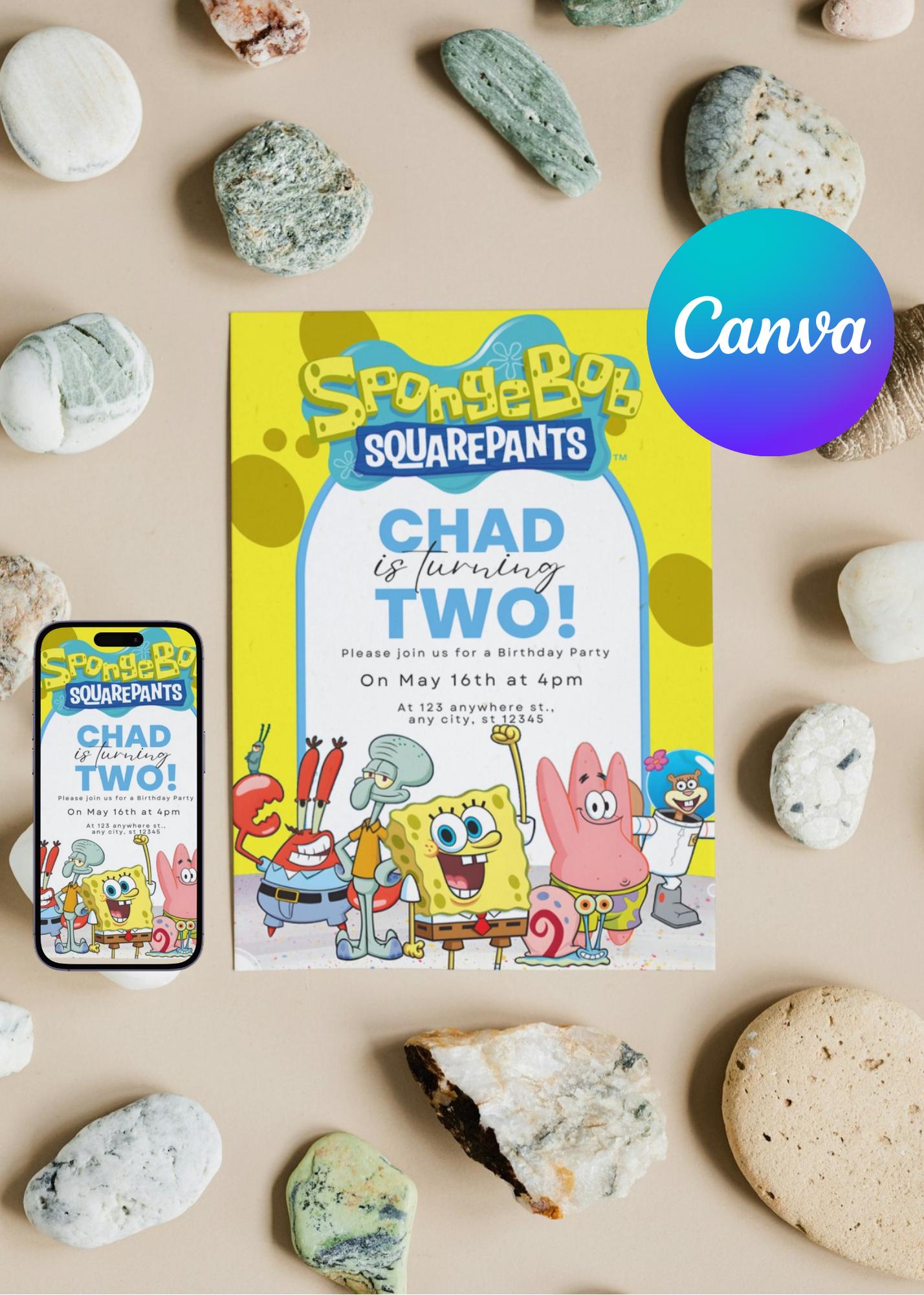 Editable Spongebob Birthday Invitation Template | Printable Sponge bob invite | Party Invitations | Digital Kids Invite | Spongebob Invite