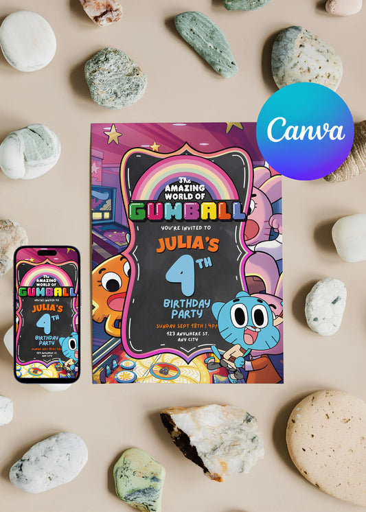 Editable Gumball Birthday Invitation, Gumball Birthday Template, Amazing World of Gumball, Gumball, Kids Party, Canva, Digital Download